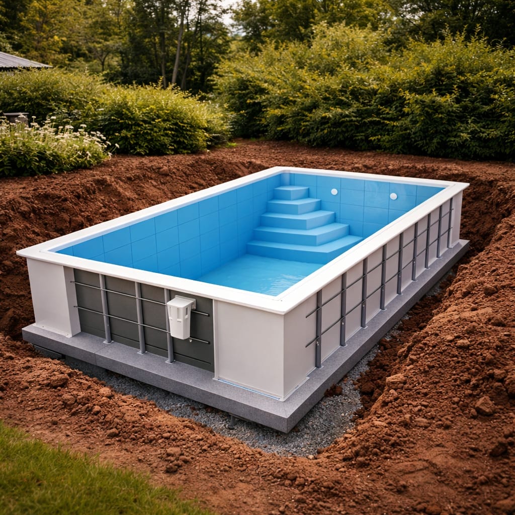 Poolmaris Fertigbecken ohne Wasser in der Baugrube